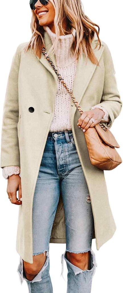 Tanming Women's Notch Lapel Double Breasted Wool Blend Pea Coat